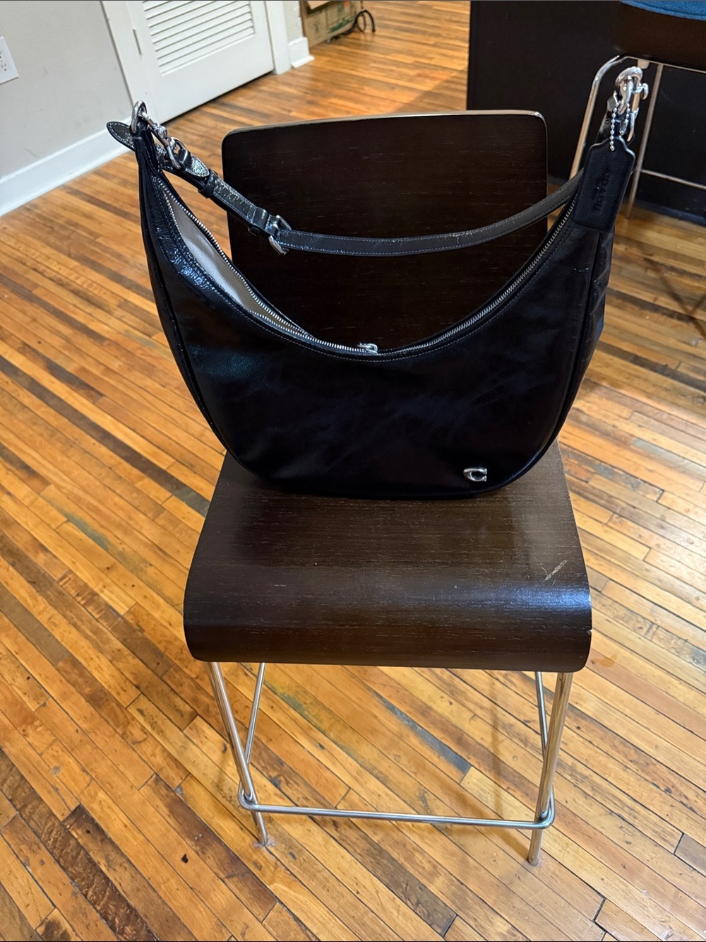 Coach Juliet Sling Bag in Black Glazed Leather with Silver Hardware
